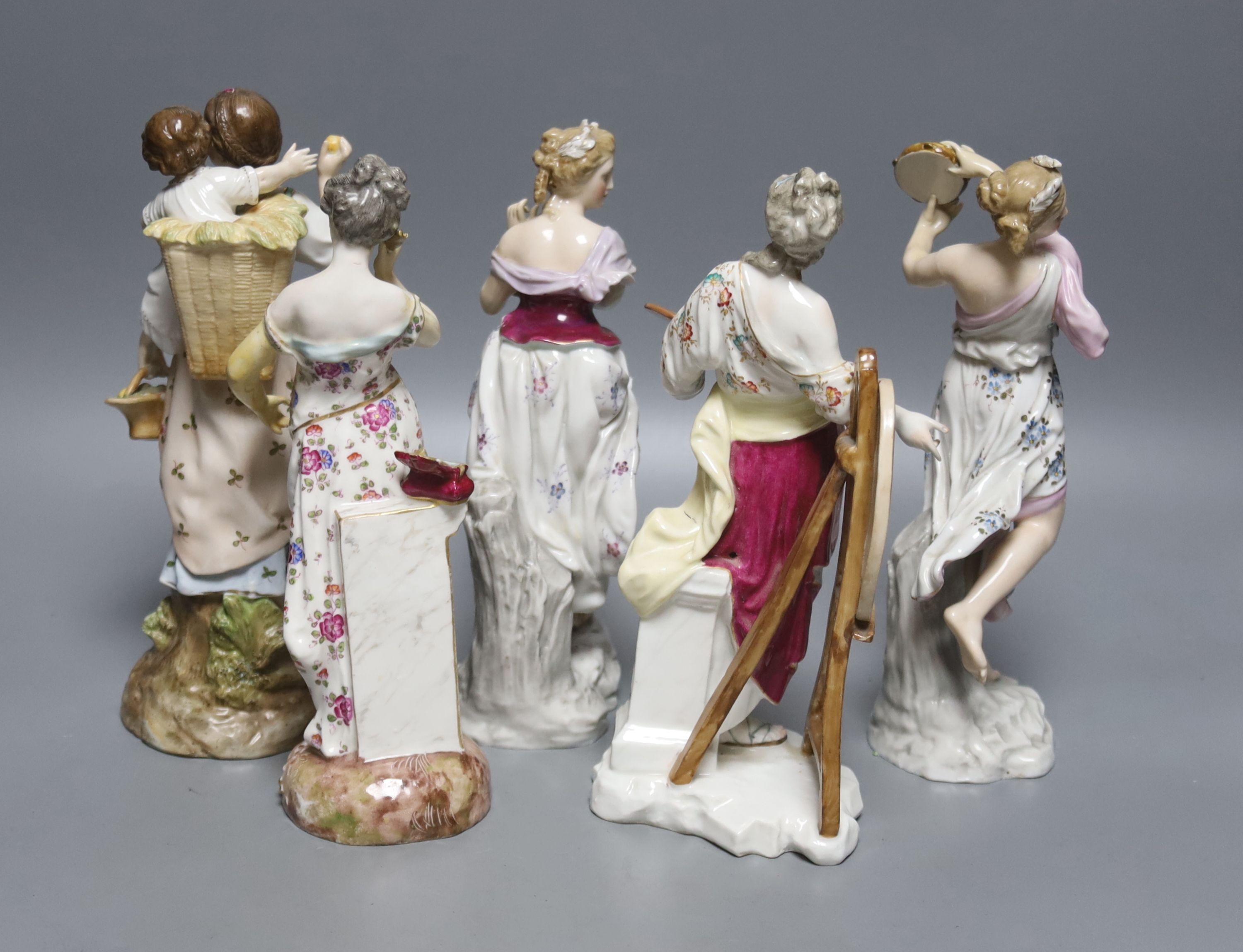 A pair of German musical figurines and three other similar figurines, tallest 23cm